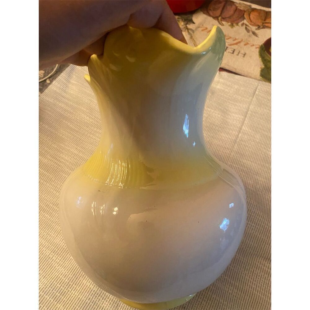 Vintage Yellow Ceramic Vase with Ruffled Top & Stylish Handle